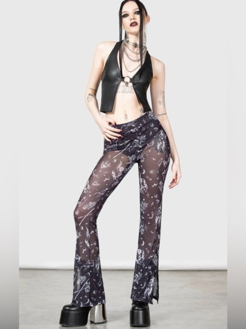 KILLSTAR Dazed Skull Flares Mesh Goth Tattoo Style Print Size Medium